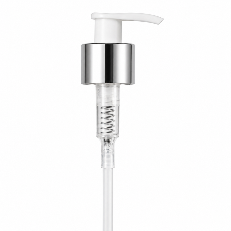 24-410 Silver/White Metal Shell Lotion Pump Lock-Up Head 6.0625" Dip Tube (Output 1.2cc)
