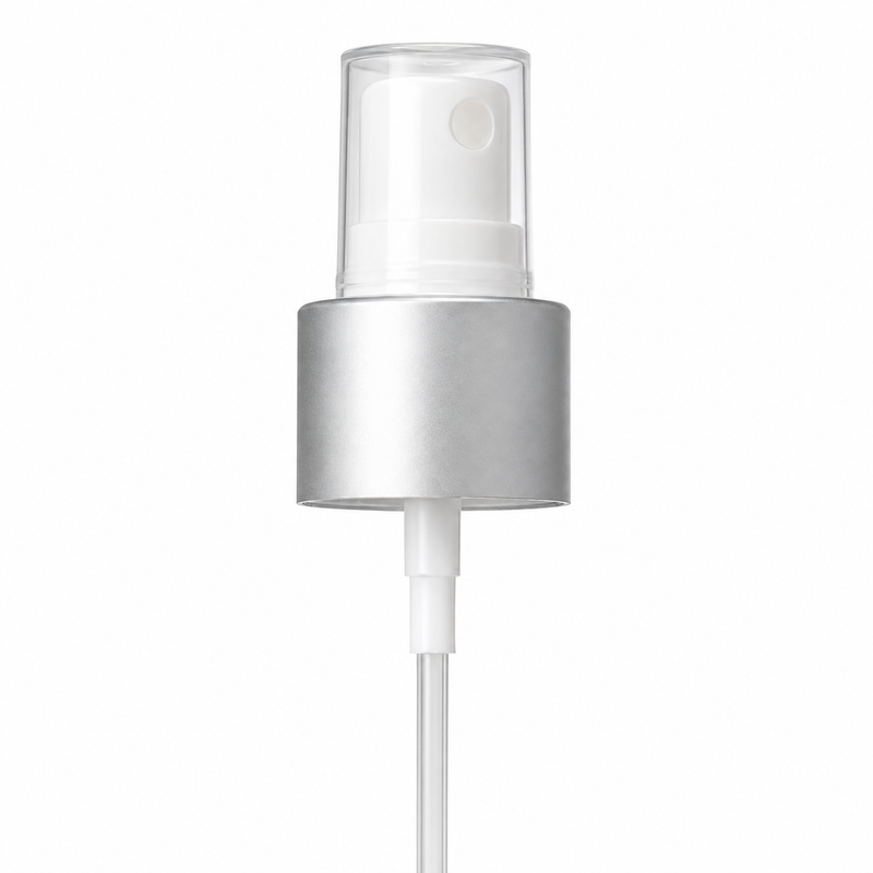 24-410 Brushed Aluminum/White Metal Shell Fine Mist Sprayer 6.875" Dip Tube (Output 0.12mL-0.14mL)