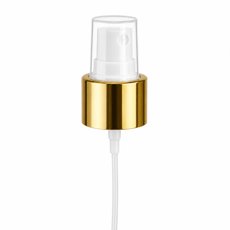 24-410 Smooth Gold/White Metal Shell Fine Mist Sprayer 6.875" Dip Tube (Output 0.12cc-.14cc)
