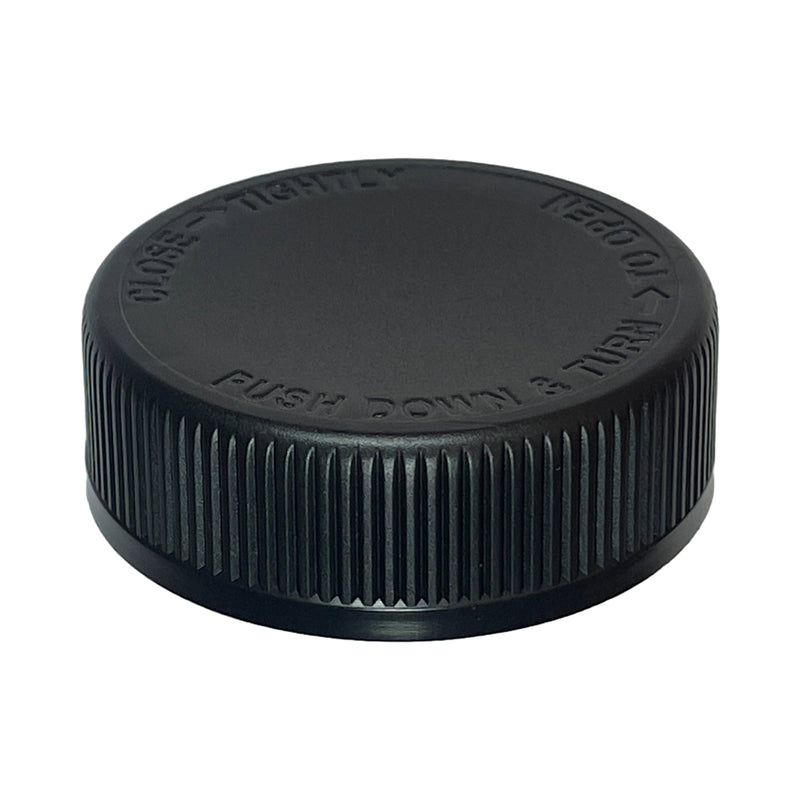 45-400 Black Text Child-Resistant Plastic Cap (No Liner)