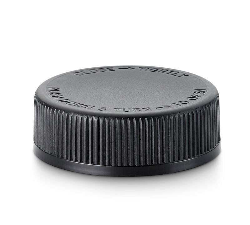 45-400 Black Text Child-Resistant Plastic Cap (No Liner)