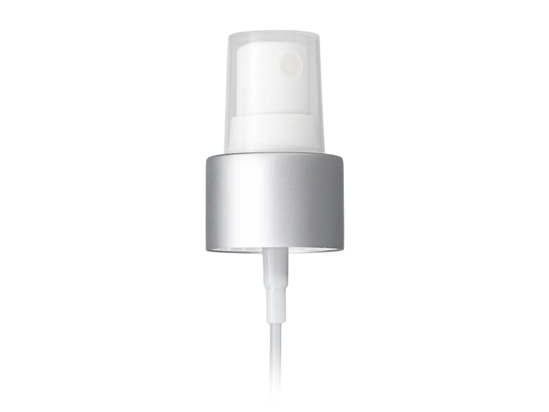 24-410 Brushed Aluminum/White Metal Shell Fine Mist Sprayer 6.875" Dip Tube (Output 0.12mL-0.14mL)