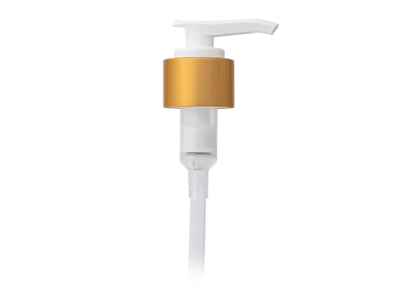 24-410 Brushed Gold/White Metal Shell Lotion Pump Lock down Head 6.0625" Dip Tube (2cc Output)