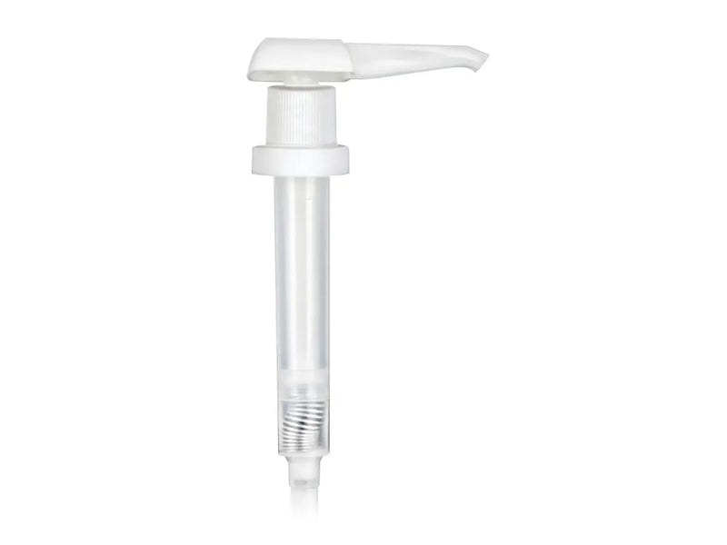 38-400 White Ribbed Lotion Pump lock down Head 11" Dip Tube (Output 30cc)