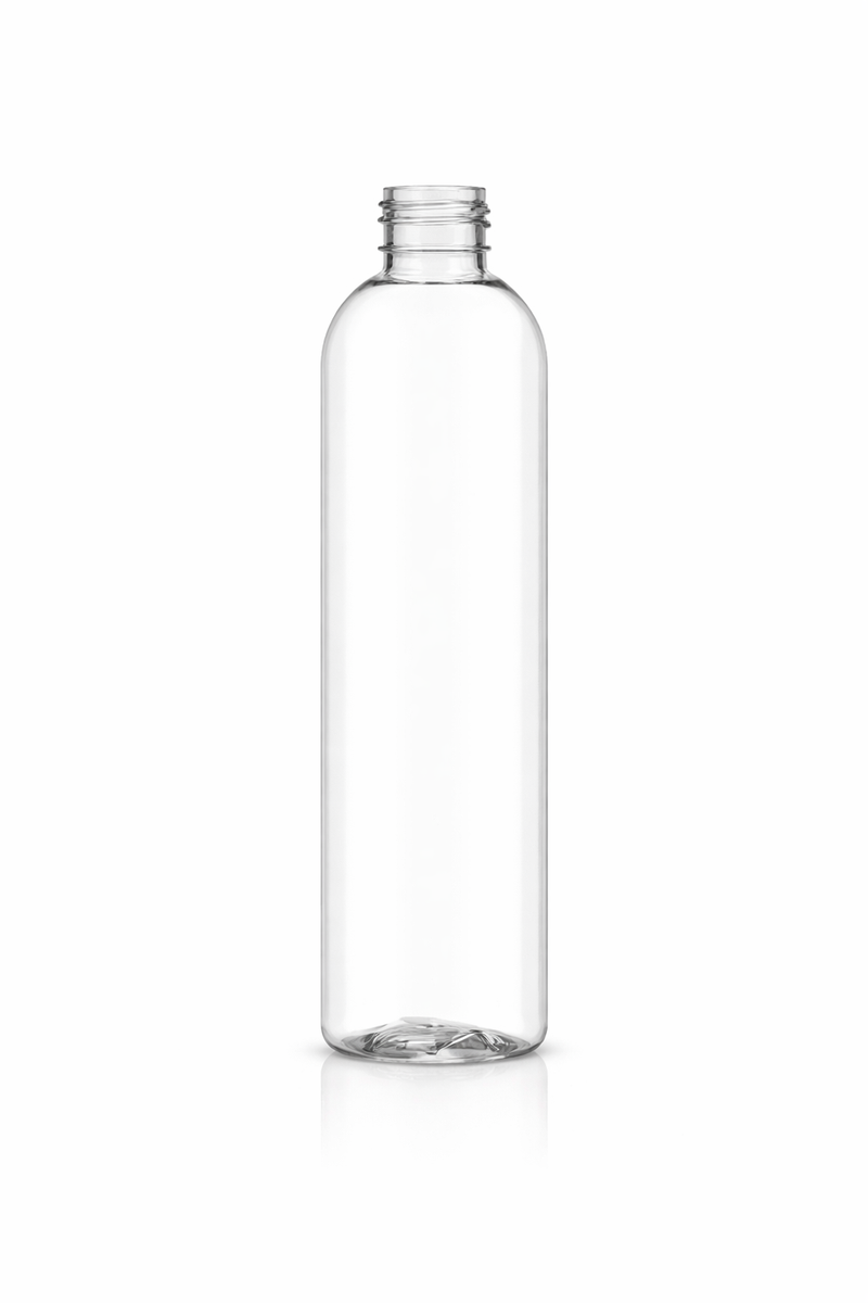8 oz Clear 24-410 PET Cosmo Round Plastic Bottle 100% PCR