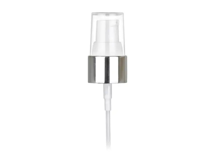 20-410 Silver Metal Shelled/White Cosmetic Treatment Pump (4" dip tube, 130mcl output)