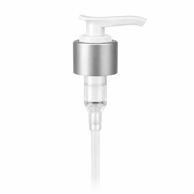 24-410 Brushed Aluminum/White Metal Shell Lock Down Lotion Pump 6.0625 Dip Tube (2cc Output)