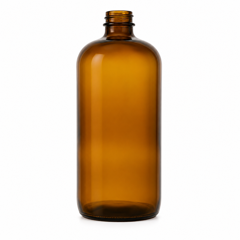 16 oz Amber Glass Boston Round Bottle 28-400 Neck Finish