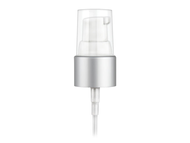20-410 Brushed Aluminum Metal Shell/White Cosmetic Treatment Pump (4" Dip Tube 130 mcl output)