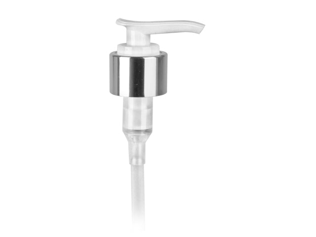24-410 Silver/White Metal Shell Lotion Pump lock down Head 6.0625" Dip Tube (Output 2cc)