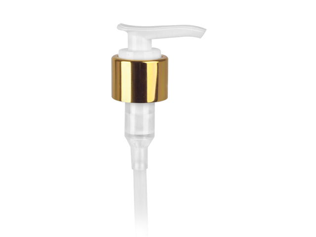 24-410 Smooth Gold/White Metal Shell Lotion Pump lock down Head 6.0625" Dip Tube (Output 2cc)