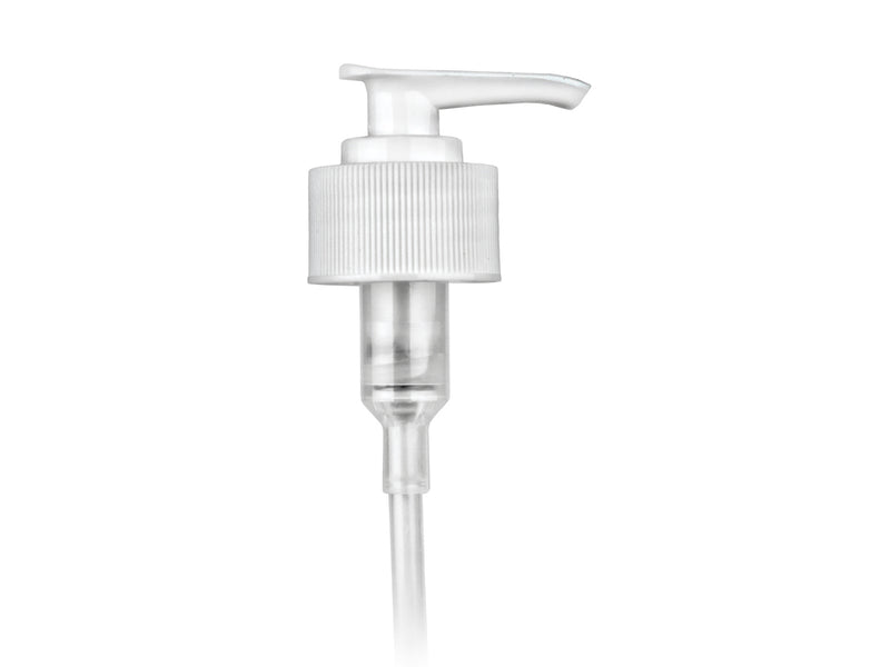 28-410 Ribbed White Lotion Pump lock down Head 8.75" Dip Tube (Output 2cc)