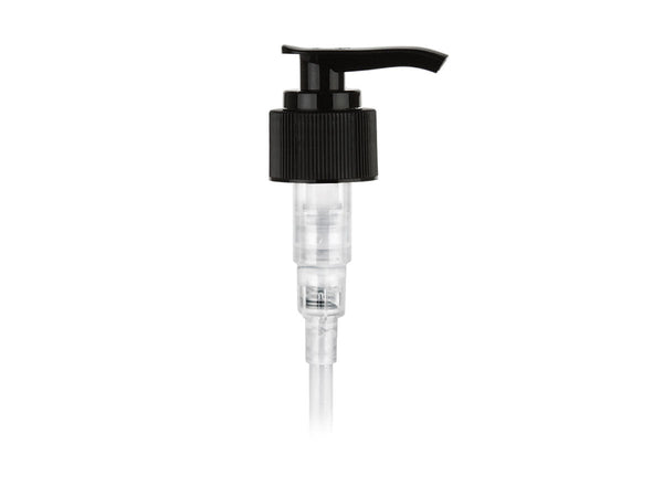 24-410 Ribbed Black Lotion Pump lock down Head 8.75" Dip Tube (Output 2cc)