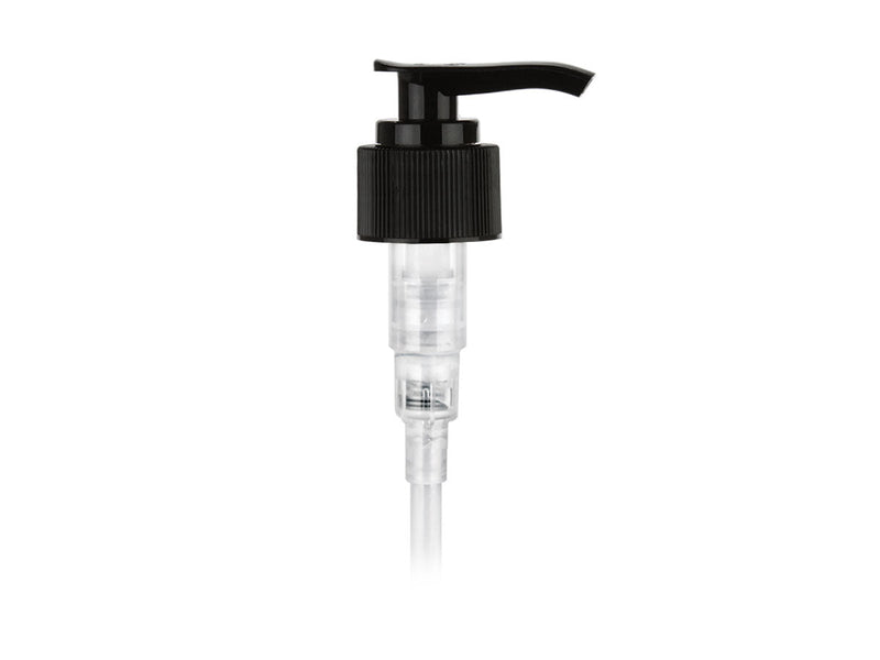 24-410 Ribbed Black Lotion Pump lock down Head 8.75" Dip Tube (Output 2cc)