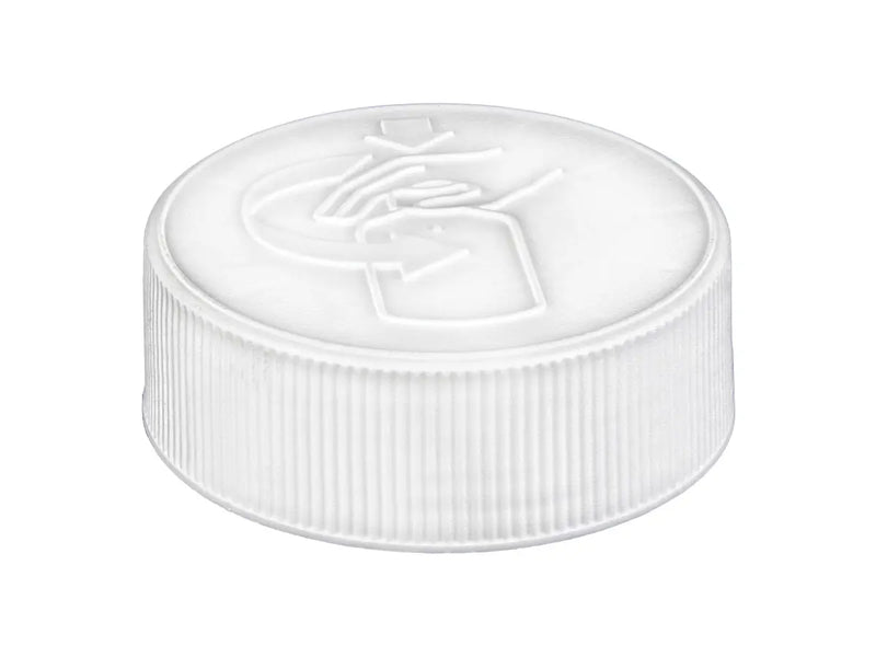 38-400 White Child-Resistant Cap with Pictorial Instructions (Dual Liner-Foam & Pressure Sensitive)