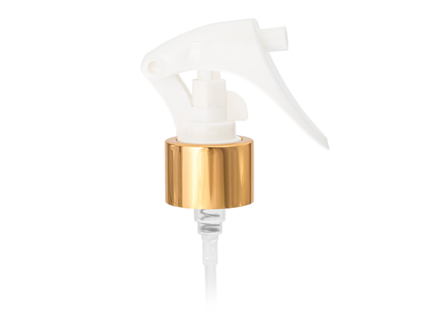 24-410 Gold/White Metal Shell Fine Mist Mini Trigger Style Sprayer (7.75" Dip Tube .21ml)