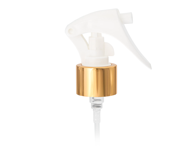 24-410 Gold/White Metal Shell Fine Mist Mini Trigger Style Sprayer (7.75" Dip Tube .21ml)