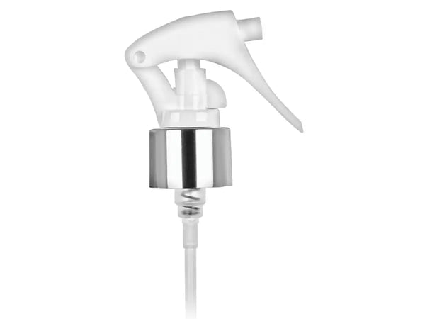 24-410 Silver/White Metal Shell Fine Mist Mini Trigger Style Sprayer (7.75" Dip Tube .21ml)