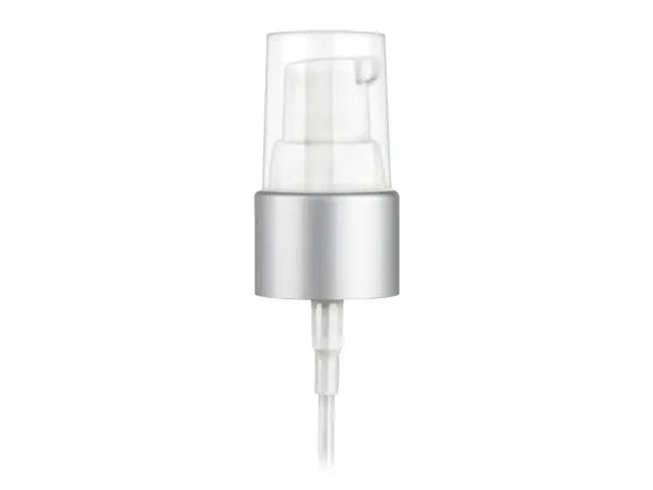 20-410 Brushed Aluminum/ White Metal Shelled Cosmetic Treatment Pump (4" Dip Tube, 130mcl Output)
