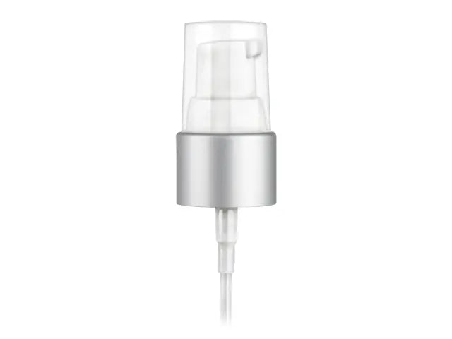 20-410 Brushed Aluminum/ White Metal Shelled Cosmetic Treatment Pump (4" Dip Tube, 130mcl Output)