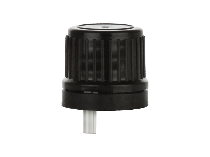 18mm Black Ribbed Euro Dropper Cap .039" Orifice Tamper Evident Ring