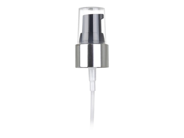 20-410  Silver/Black Smooth Metal Shelled, Cosmetic Treatment Pump (130mcl Output, 4" dip tube)