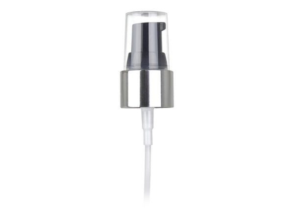 20-410  Silver/Black Smooth Metal Shelled, Cosmetic Treatment Pump (130mcl Output, 4" Diptube)