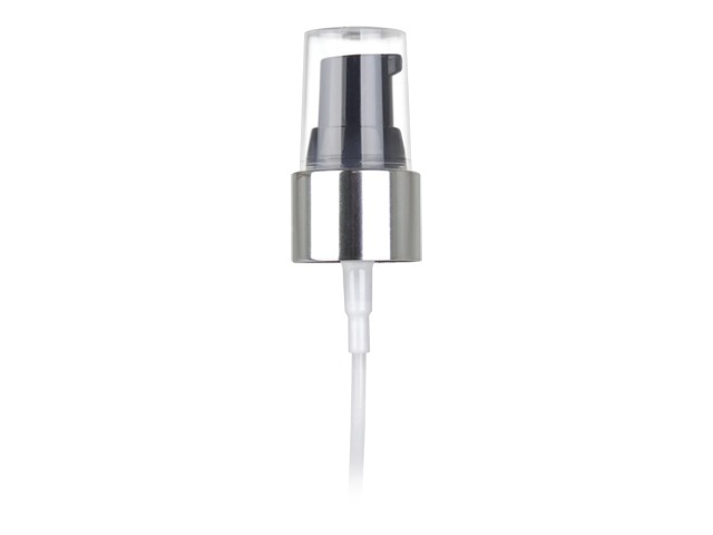 20-410  Silver/Black Smooth Metal Shelled, Cosmetic Treatment Pump (130mcl Output, 4" dip tube)