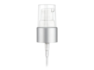 20-410 Brushed Aluminum Metal Shell/White Cosmetic Treatment Pump (4" Dip Tube 130 mcl output)