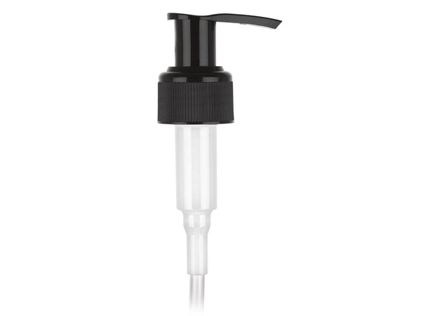 24-410 Black Ribbed Lotion Pump - Lock Up Head - 6.5625" Dip Tube (Output 1.2cc)