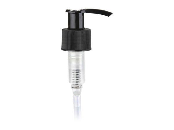 24-410 Black Ribbed Lotion Pump w/ Lock Up Head - 6.0625" Dip Tube (Output 1.2cc)