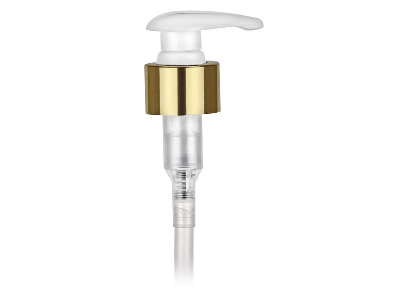 24-410 Metal Shelled Gold/White Lotion Pump lock down Head 7.25" Dip Tube (Output 2cc)