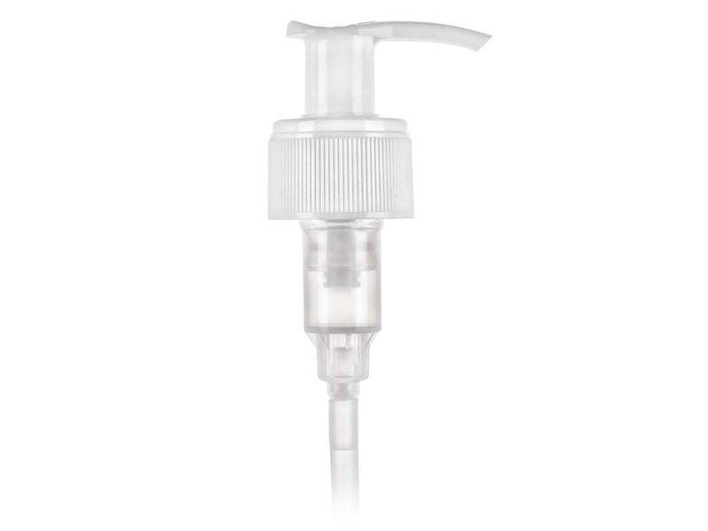 28-410 Fine Ribbed White Lotion Pump lock up Head 8.75" Dip Tube (Output 2cc)