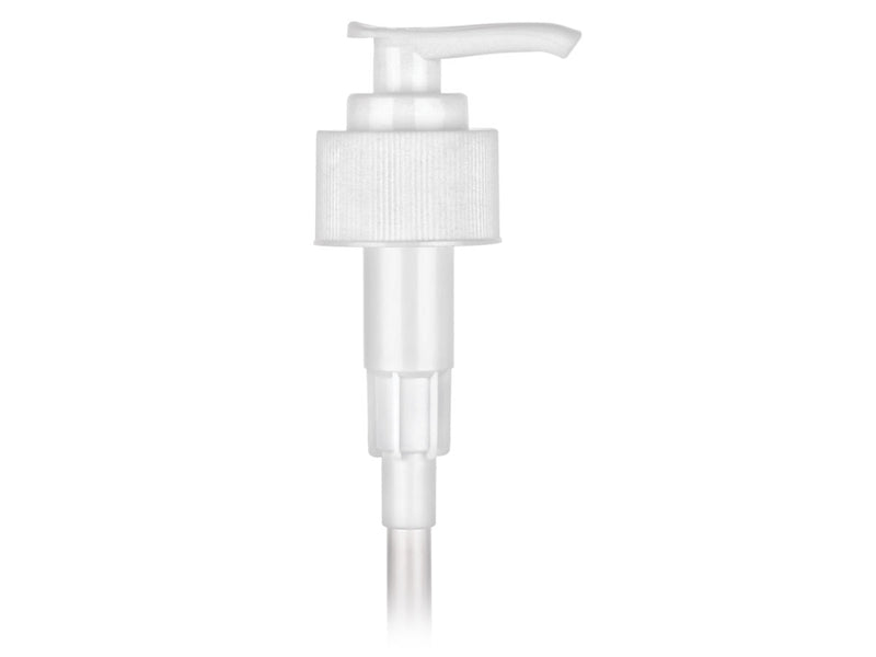 28-410 White Fine Ribbed Lotion Pump Lock Down Head  - 9 3/8" Dip Tube (Output 2cc)