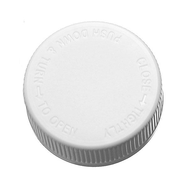 70-400 White Text Child-Resistant Plastic Cap (Universal Heat Seal Liner)