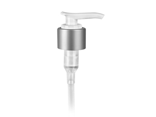 24-410 Metal Shelled Brushed Aluminum/White Lotion Pump lock down Head 6 .0625 Dip Tube (Output 2cc)