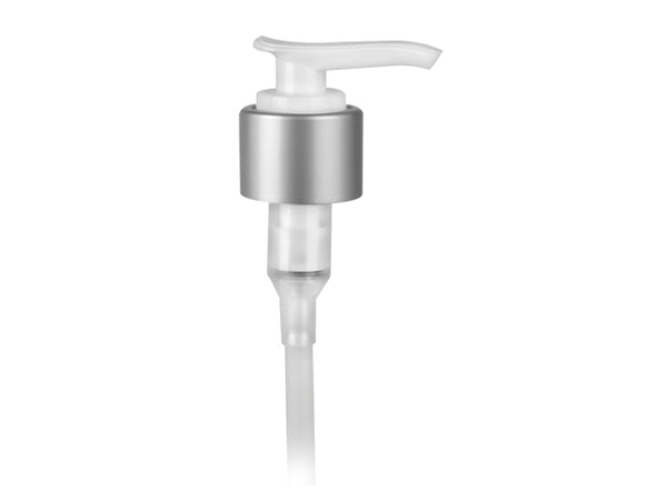 24-410 Metal Shelled Brushed Aluminum/White Lotion Pump lock down Head 8.75" Dip Tube (Output 2cc)