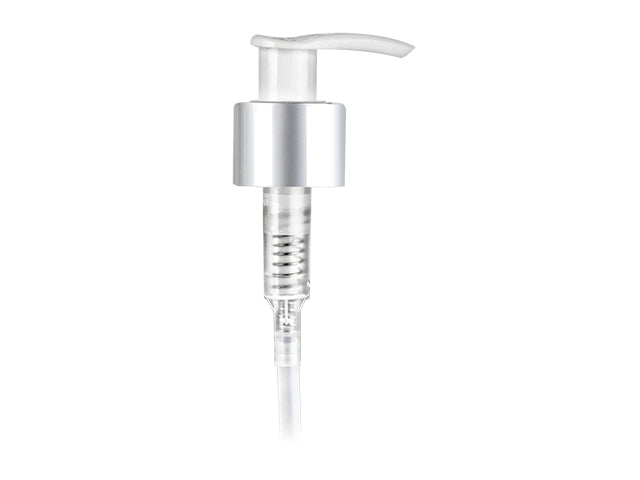 24-410 Metal Shelled Brushed Aluminum/ White Lotion Pump lock up Head 8.75" Dip Tube (Output 1.2cc)
