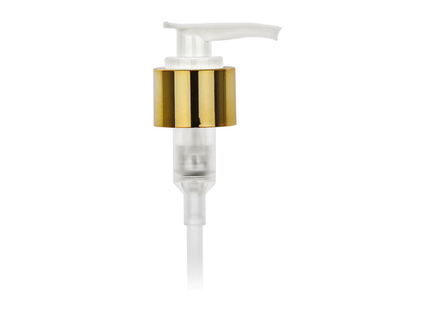 24-410 Metal Shelled Gold/White Lotion Pump lock down Head 8.75" Dip Tube (Output 2cc)