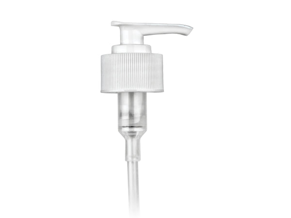 28-410 Ribbed White Lotion Pump lock down Head 8.75" Dip Tube (Output 2cc)
