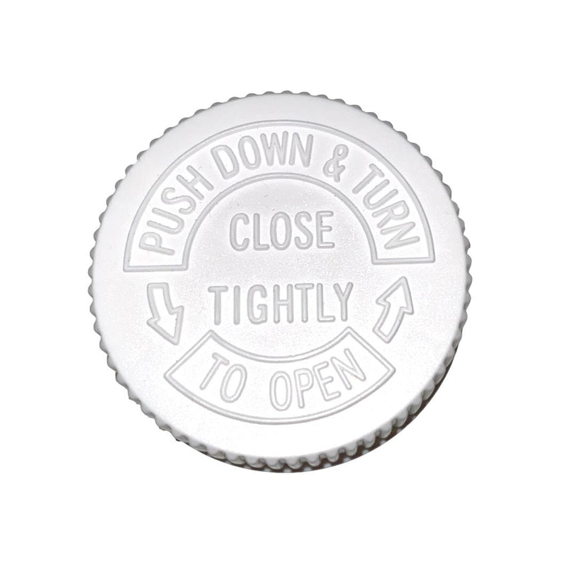 38-400 White Ribbed Child-Resistant Cap (Printed Pressure Sensitive Liner + Foam Liner)